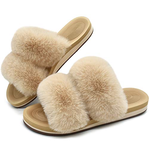 COFACE Fluff Womens Faux Fur Slip On Slippers with Arch Support