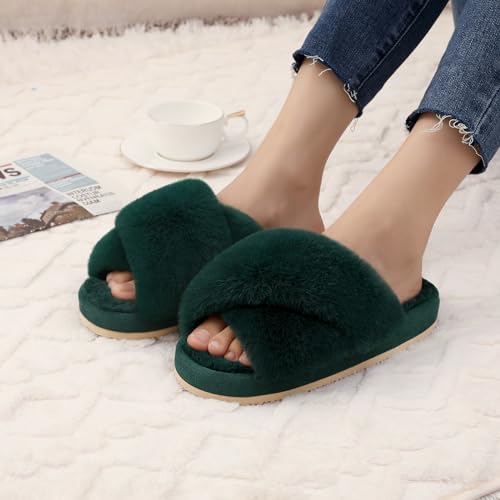 Comwarm Women's Cross Band Fuzzy Slippers Cozy Open Toe Indoor-Outdoor